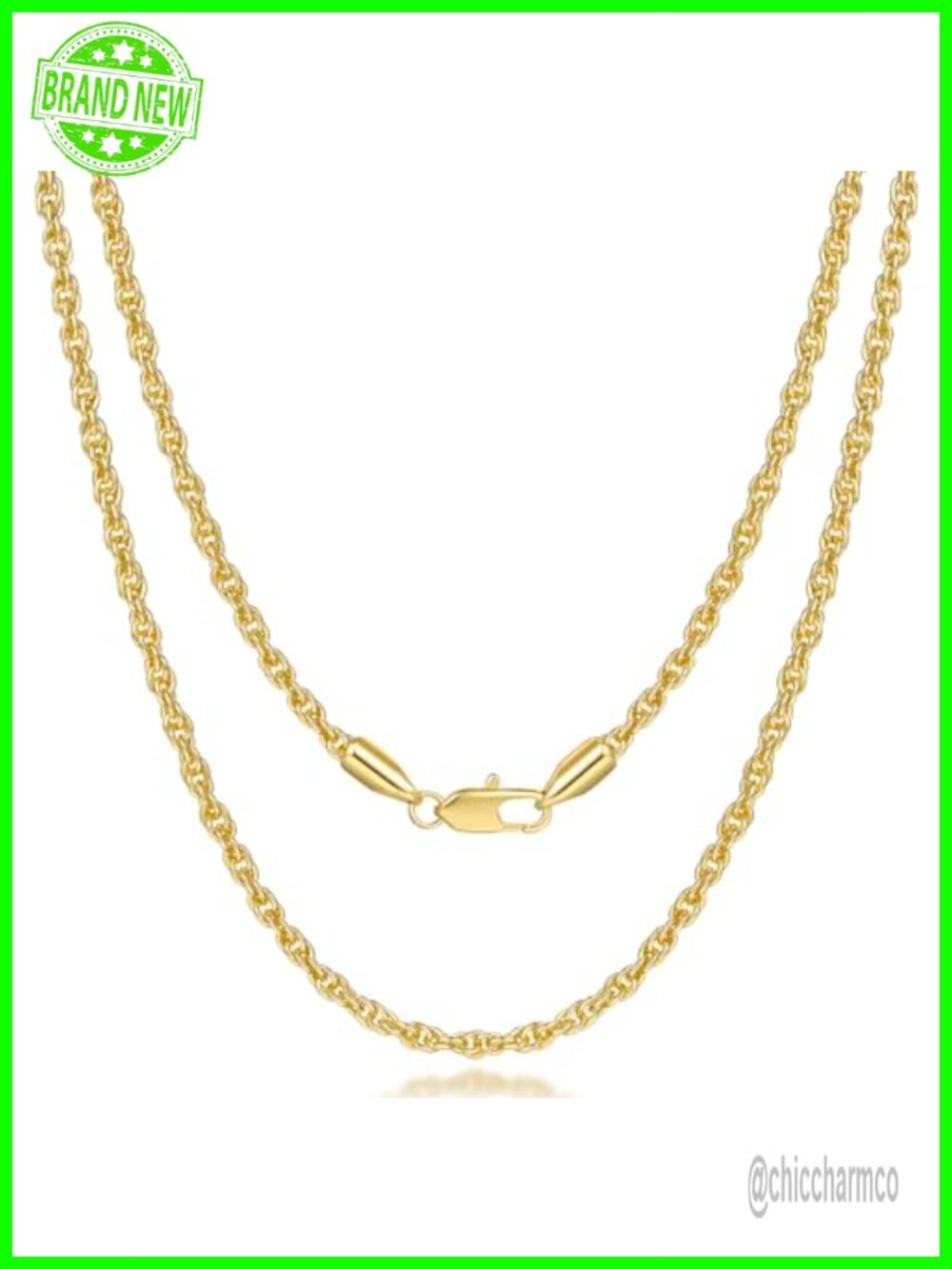 14K Gold Rope Chain Necklace Lobster Claw Clasp 20 Inch Unisex Fine Jewelry